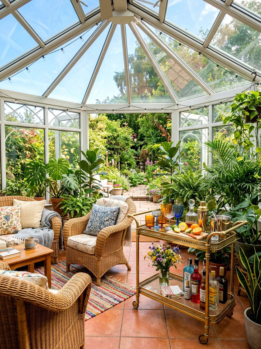 Brass Bar Cart In Sunroom - 25 Spring Brass Accent Decor Ideas