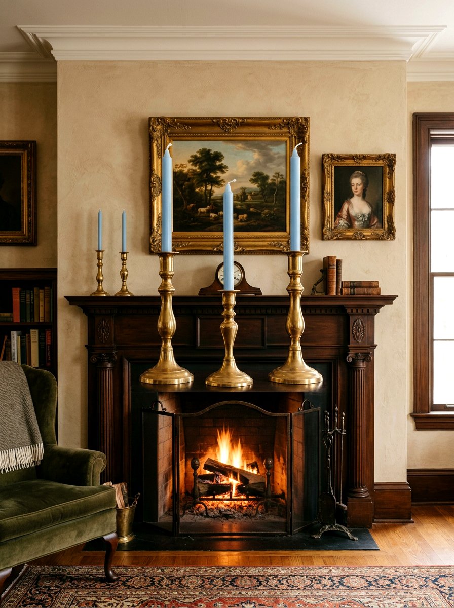 Brass Candlestick Set - 25 Spring Mantel Arrangement Ideas