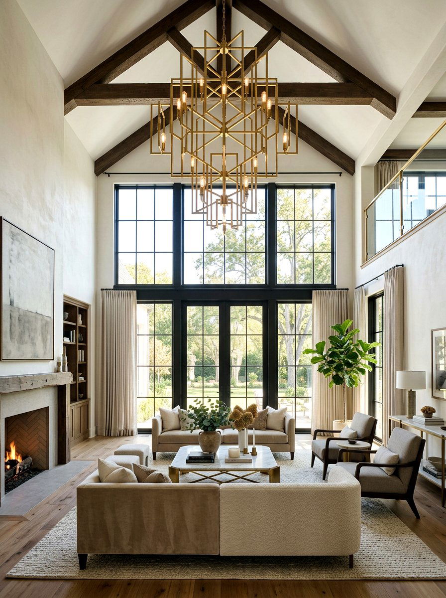 Brass Chandelier In Vaulted Living Room - 25 Spring Brass Accent Decor Ideas