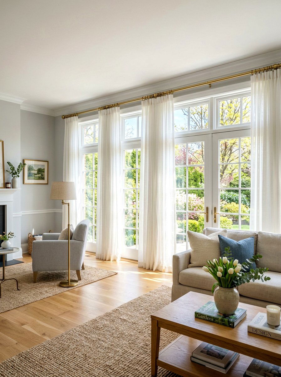 Brass Curtain Rods In Sunny Living Room - 25 Spring Brass Accent Decor Ideas