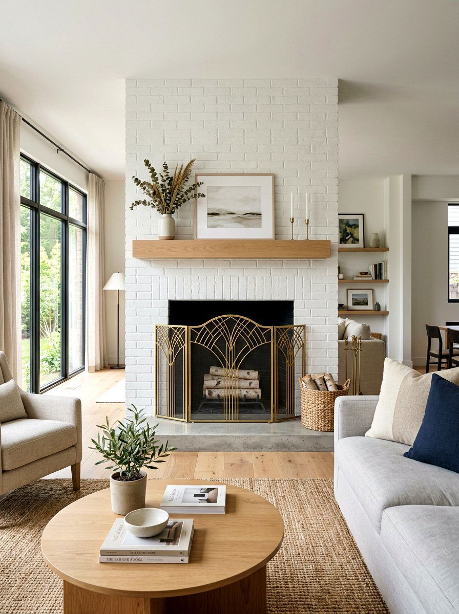 Brass Fireplace Screen In Modern Living Room - 25 Spring Brass Accent Decor Ideas