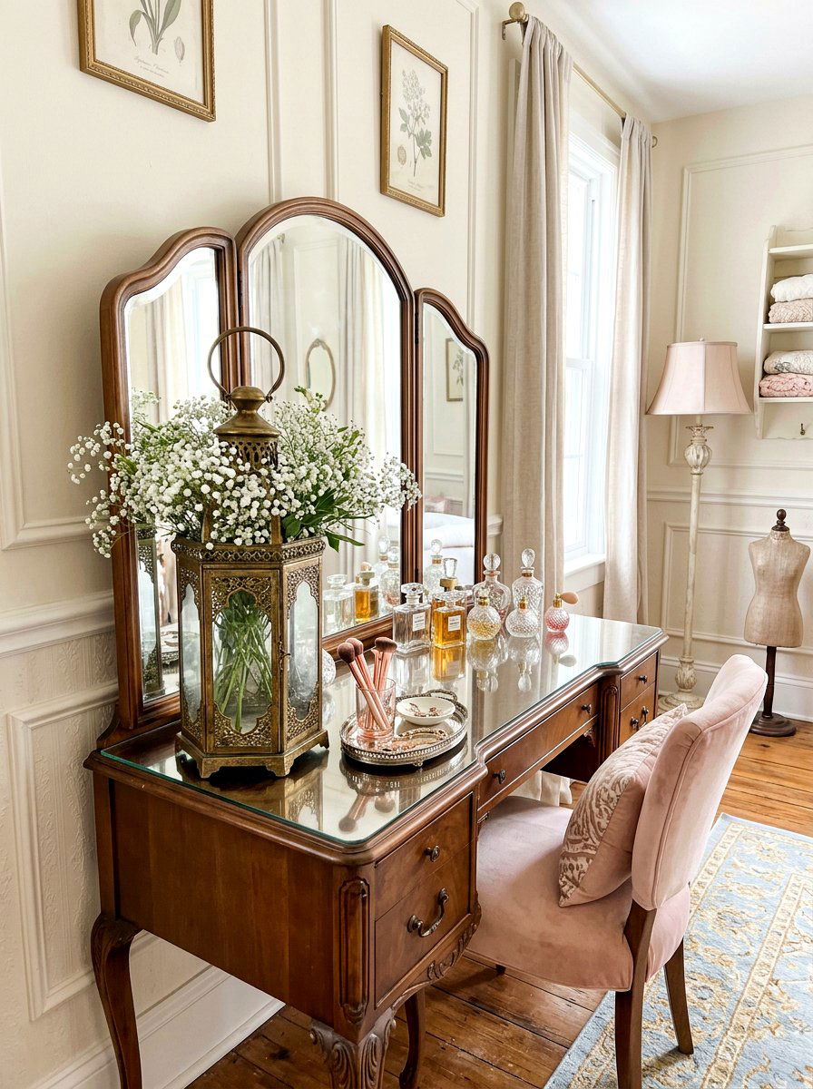 Brass Lantern With Babys Breath - 25 Spring Lantern Centerpiece Ideas