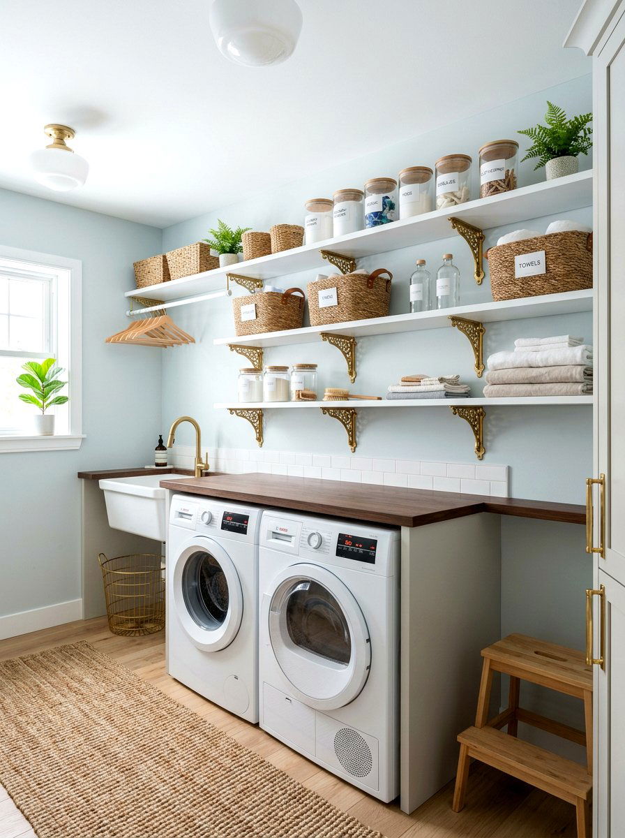 Brass Shelf Brackets In Laundry Room - 25 Spring Brass Accent Decor Ideas