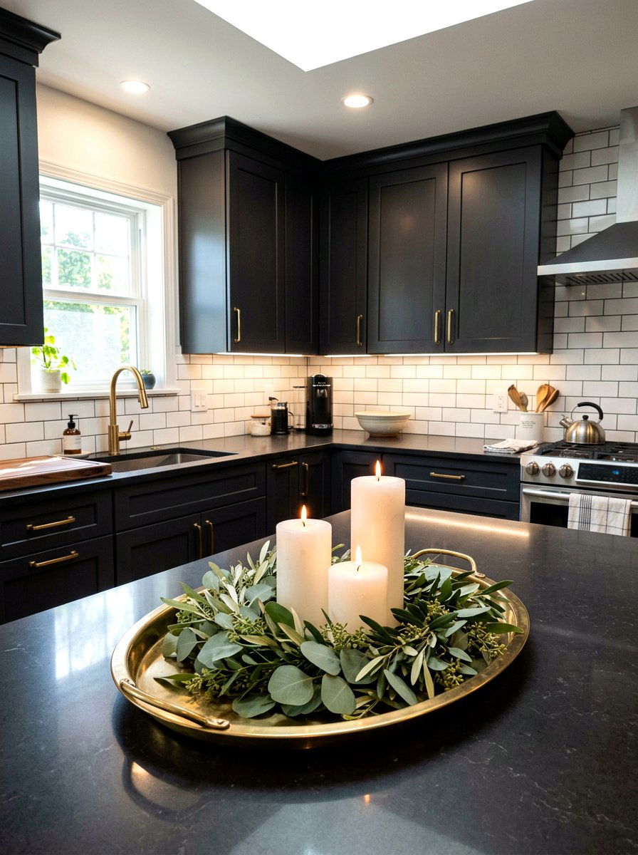 Brass Tray With Candles And Greenery - 25 Spring Kitchen Centerpiece Ideas