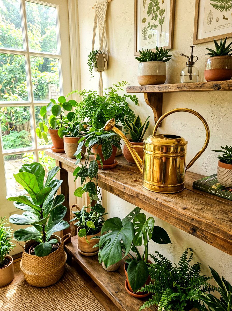 Brass Watering Can Near Potted Plants - 25 Spring Brass Accent Decor Ideas