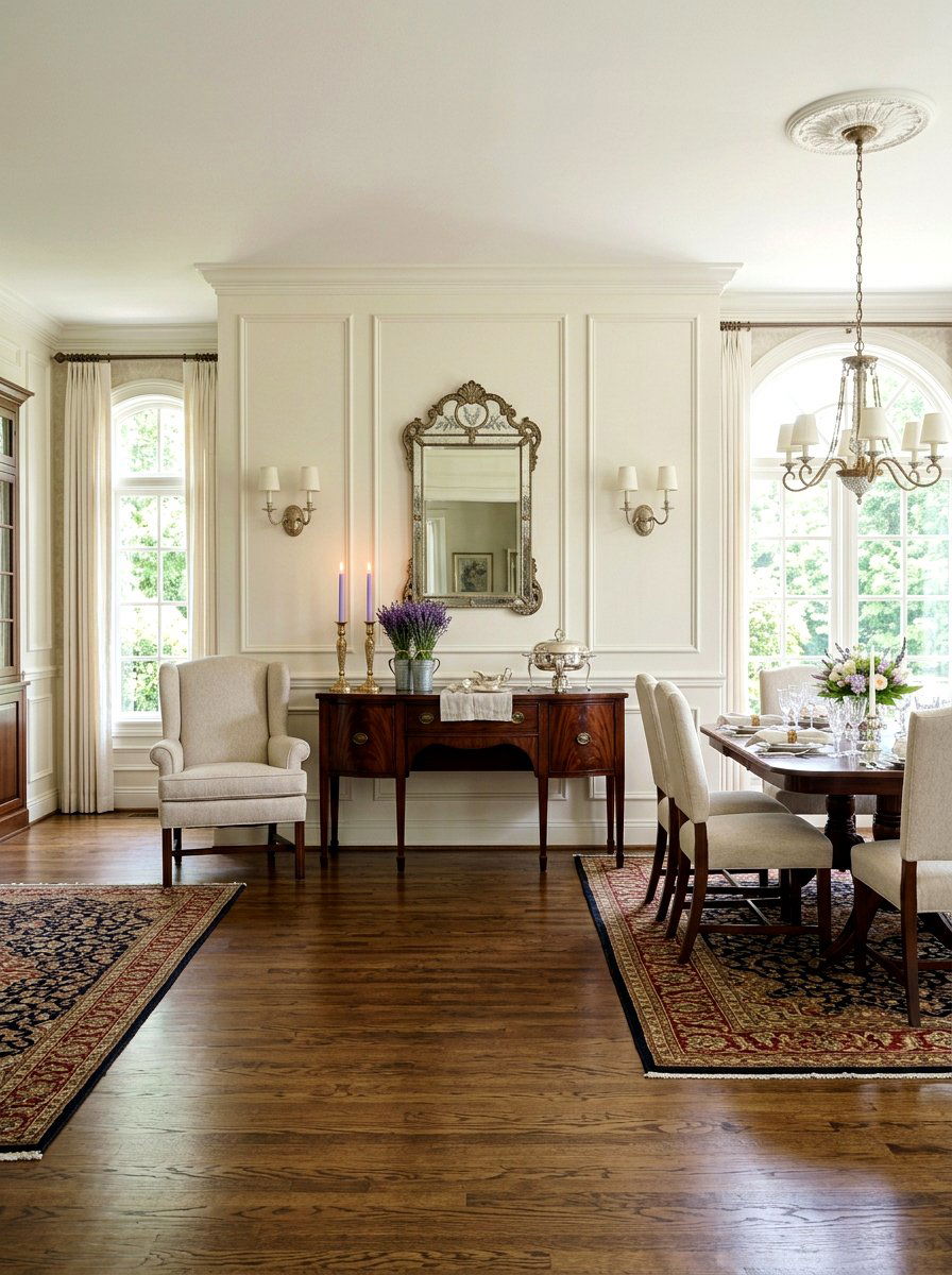 Brass candlesticks with lavender - 25 Spring Dining Room Buffet Ideas