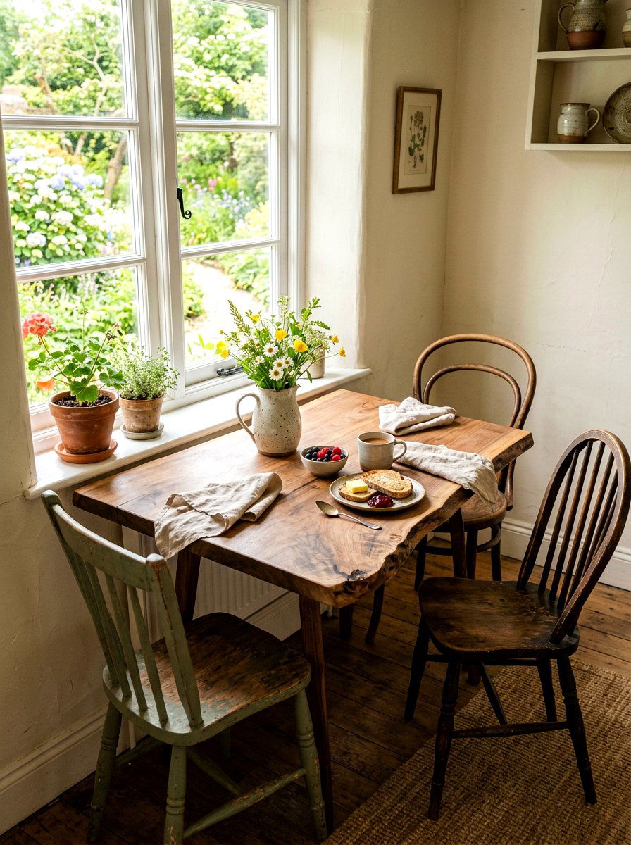Breakfast Corner With Asymmetrical Wood Table - 25 Spring Wabi Sabi Decor Ideas