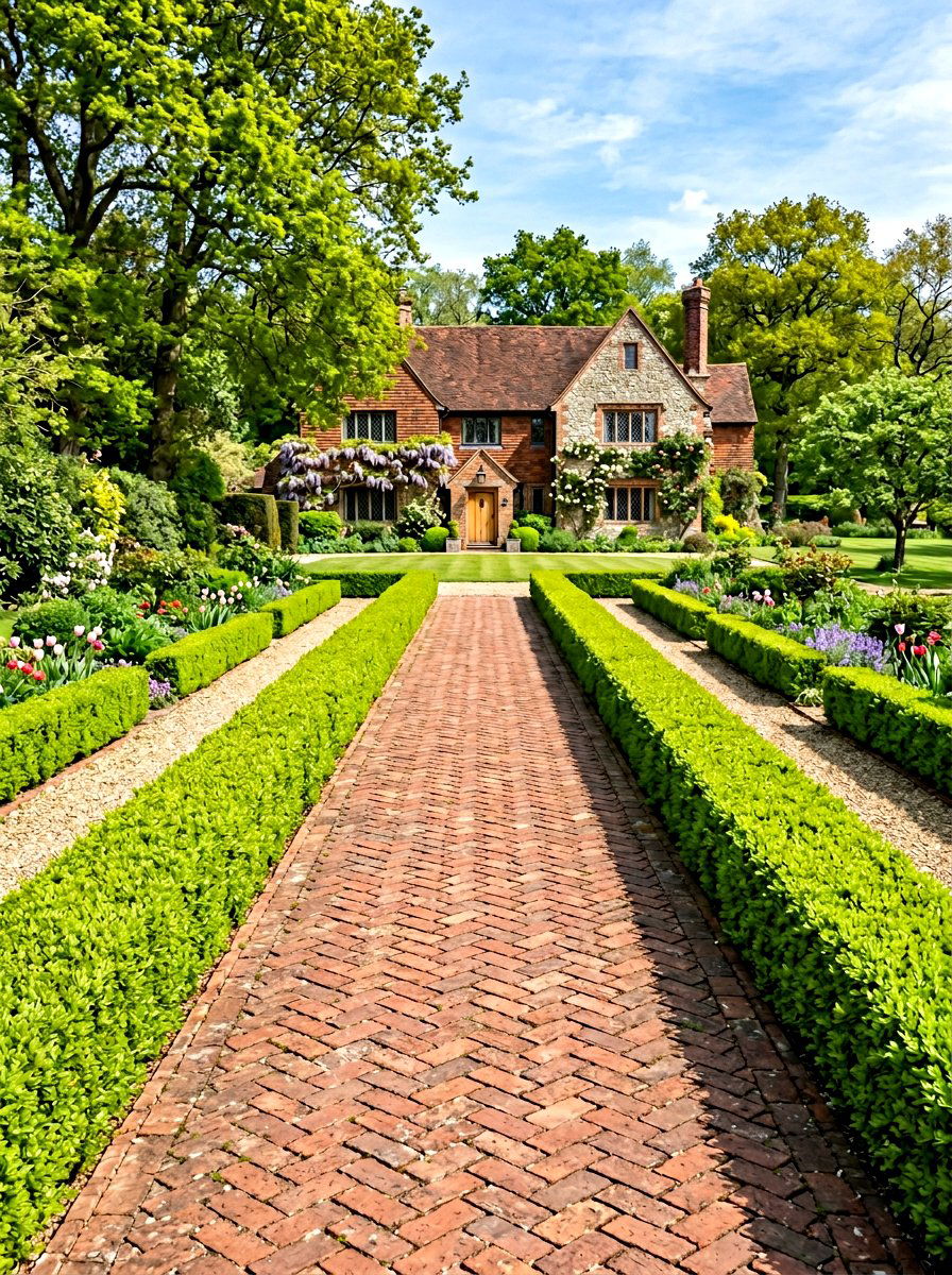 Brick Driveway With Boxwood Hedge - 25 Spring Driveway Decor Ideas