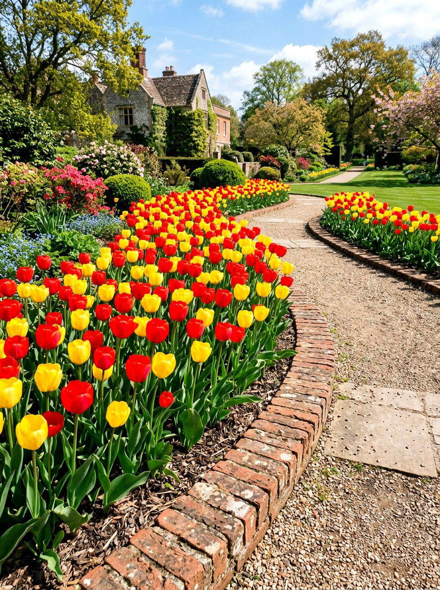 Brick Edging Blooming Tulips - 25 Spring Garden Pathway Decor Ideas