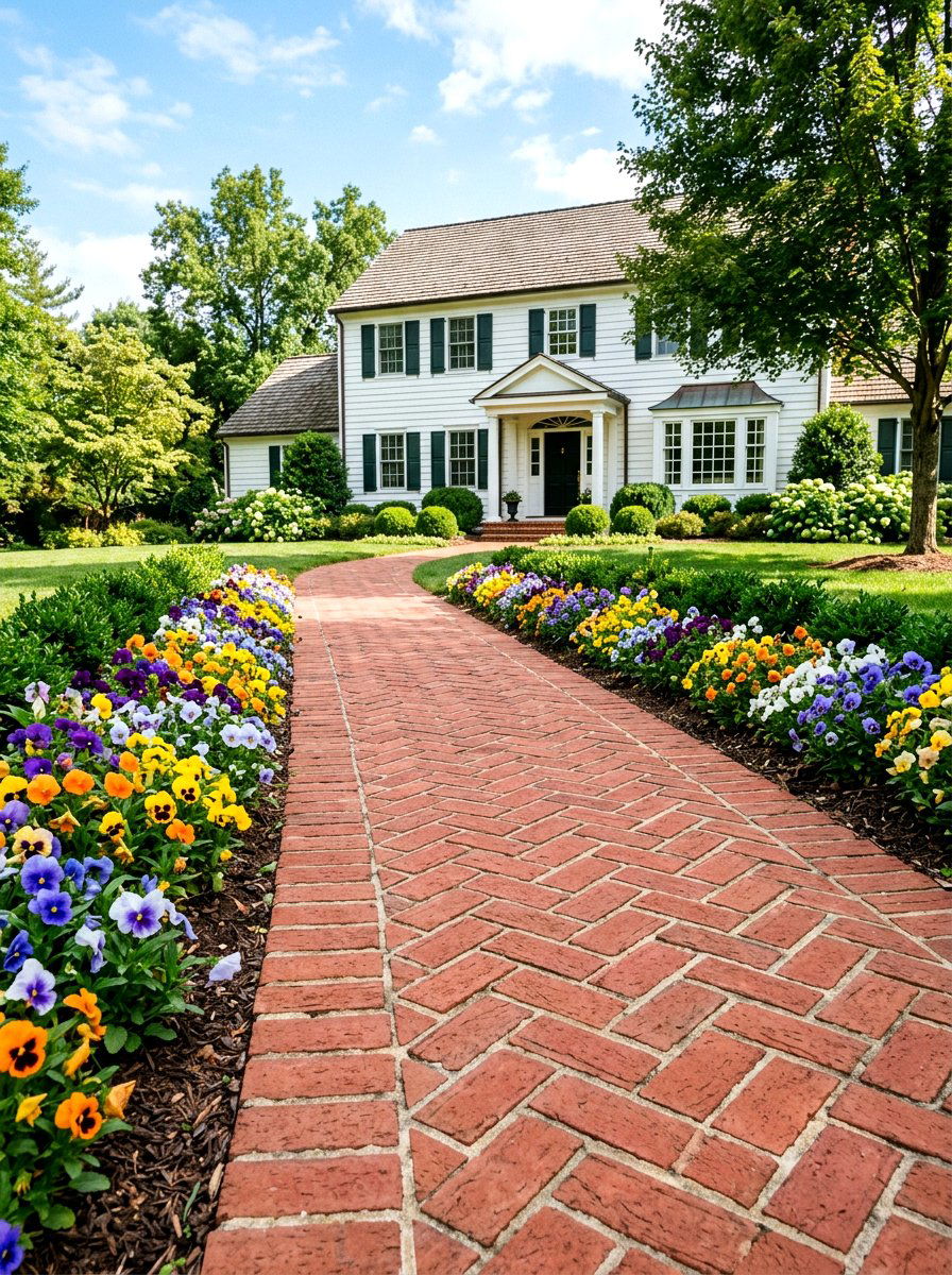 Brick path with pansies - 25 Spring Front Walkway Decor Ideas