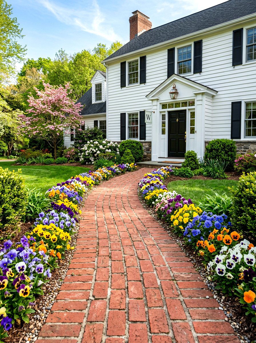 Brick path with pansies - 25 Spring Entryway Walkway Ideas