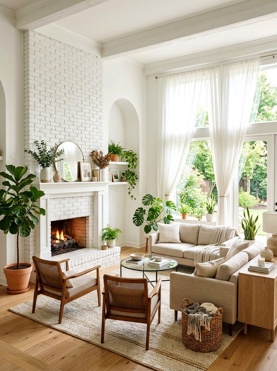 Bright Airy Living Room - 25 Spring White Brick Fireplace Ideas