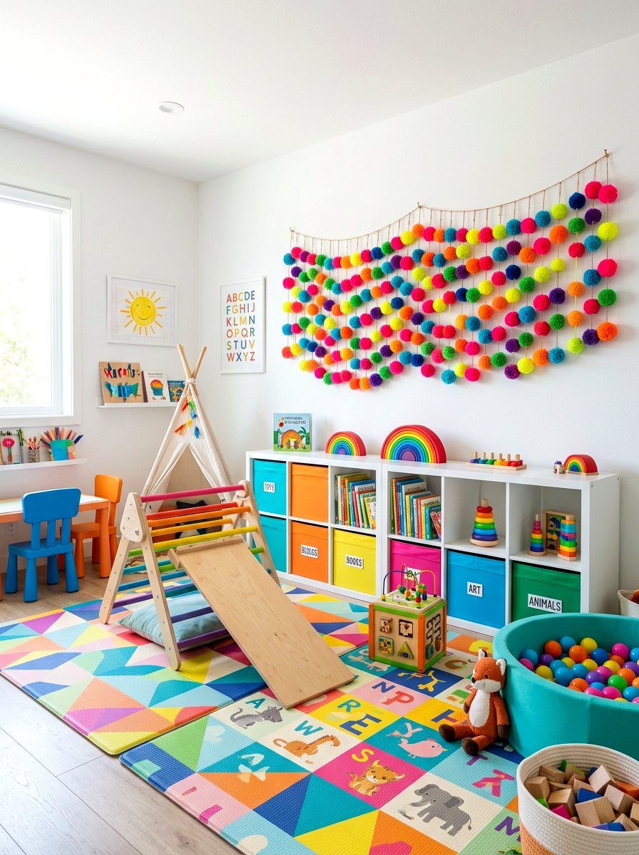 Bright Neon Pom Pom Garland Playroom - 25 Spring Pom Pom Garland Ideas