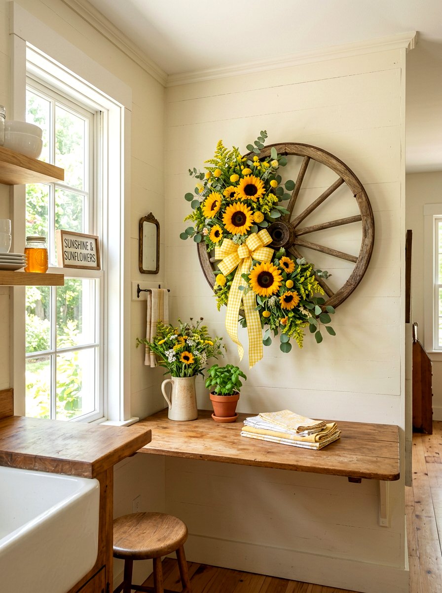 Bright Sunflower Wagon Wheel - 25 Spring Wagon Wheel Wreath Ideas
