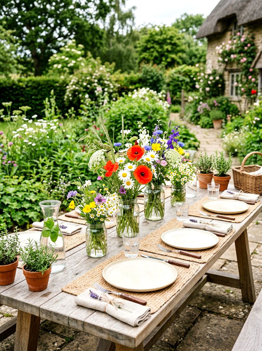 Bright Wildflower Table Setting - 25 Spring Garden Table Decor Ideas