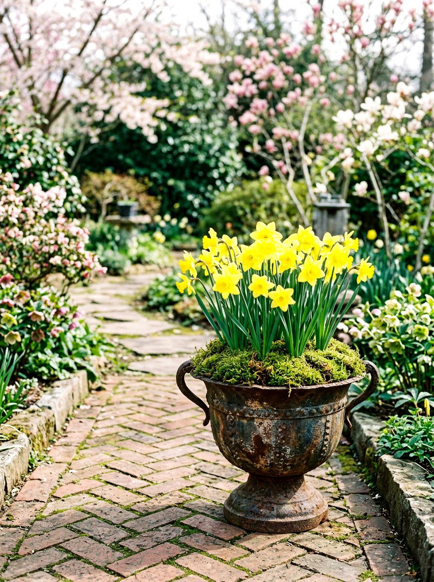 Bright Yellow Daffodils And Moss - 25 Spring Urn Planter Ideas