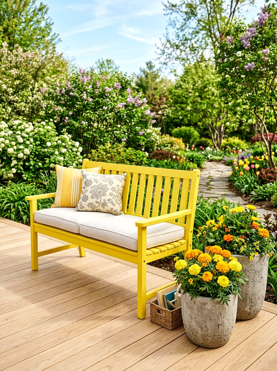 Bright Yellow Spring Bench - 25 Spring Outdoor Bench Decor Ideas