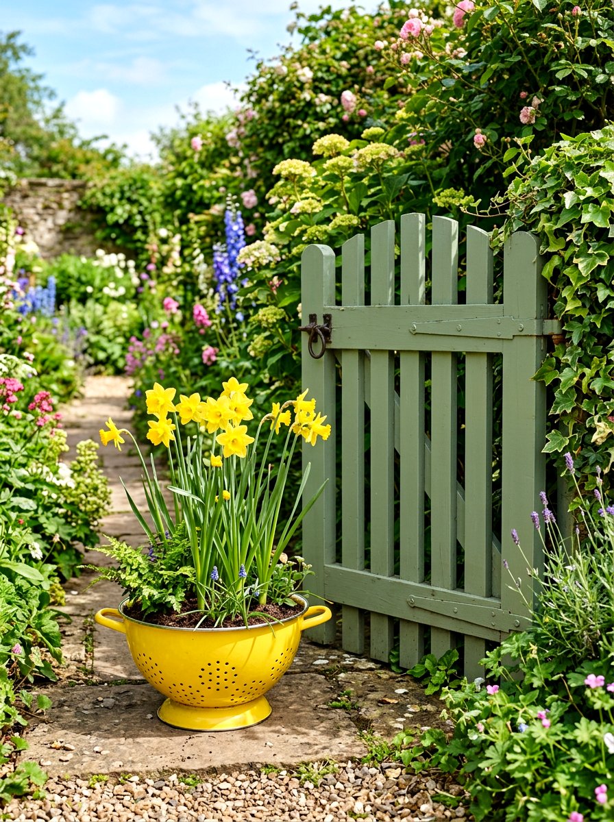Bright yellow colander flower pot - 25 Spring Colander Planter Ideas
