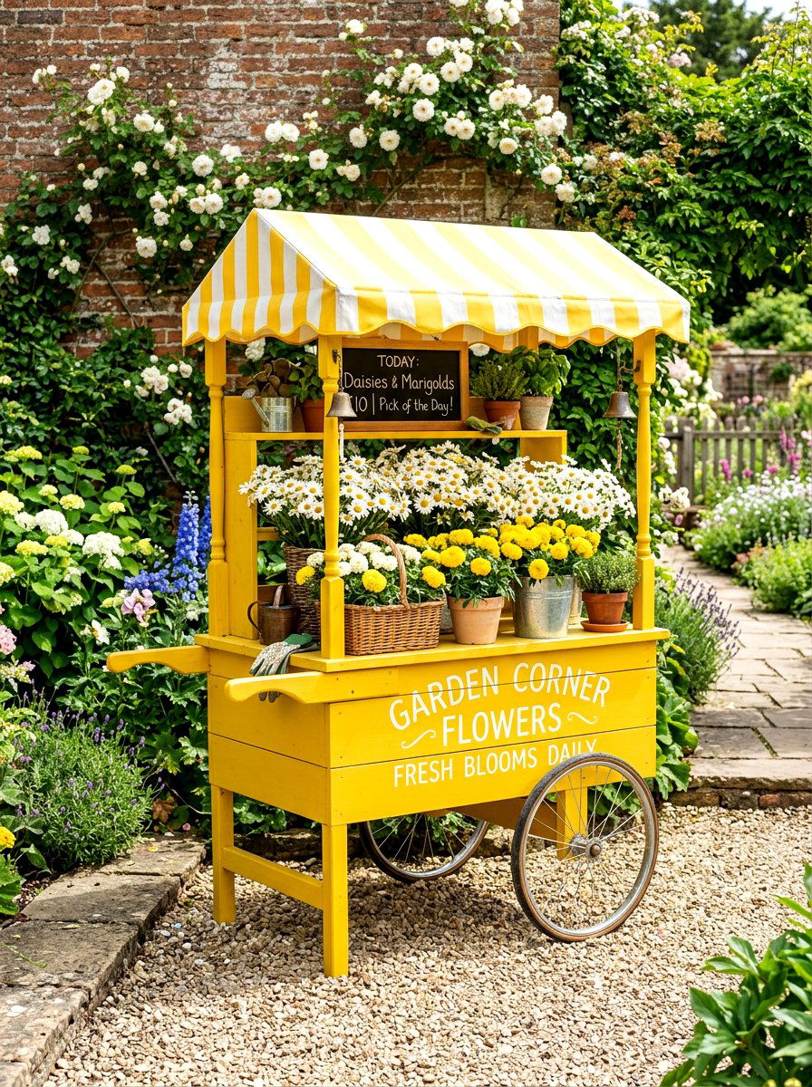 Bright yellow flower cart - 25 Spring Flower Cart Decor Ideas