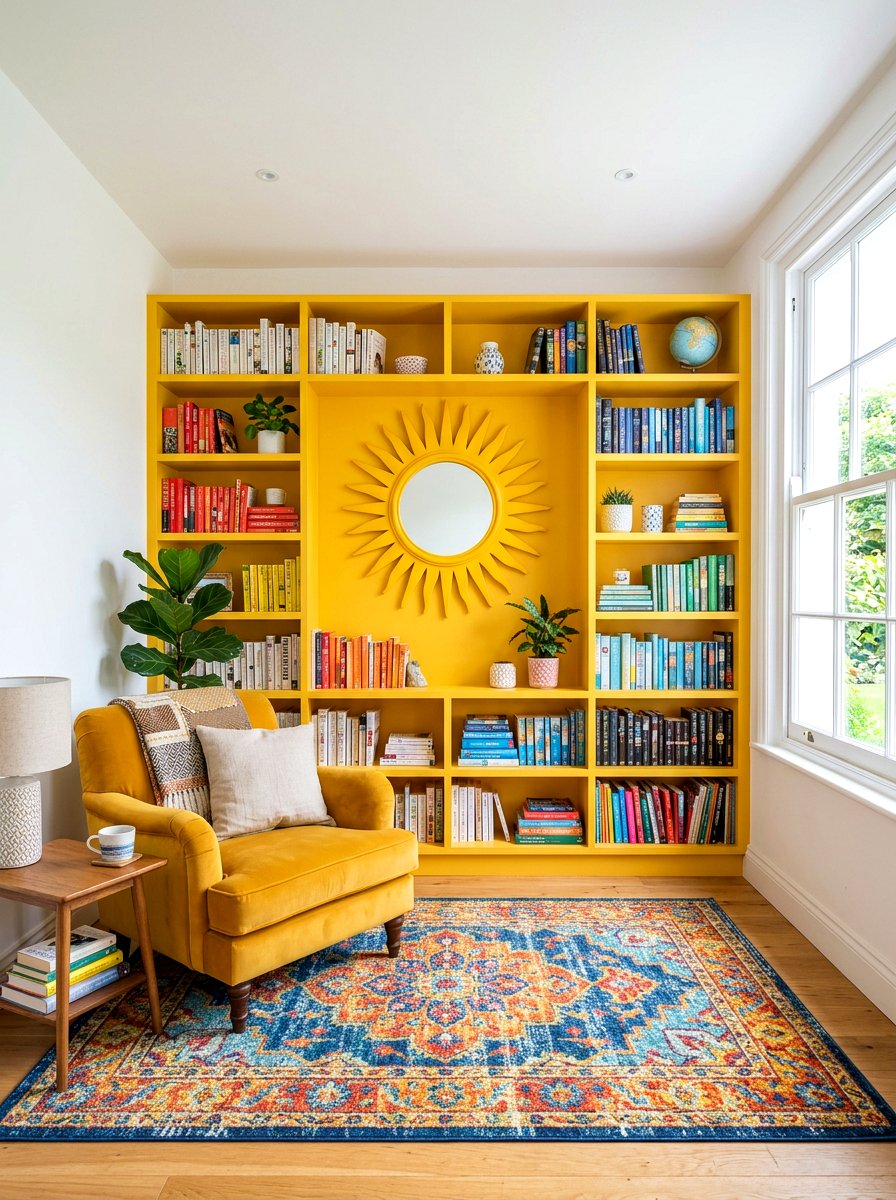 Bright yellow sun shelves - 25 Spring Bookshelf Ideas for Kids