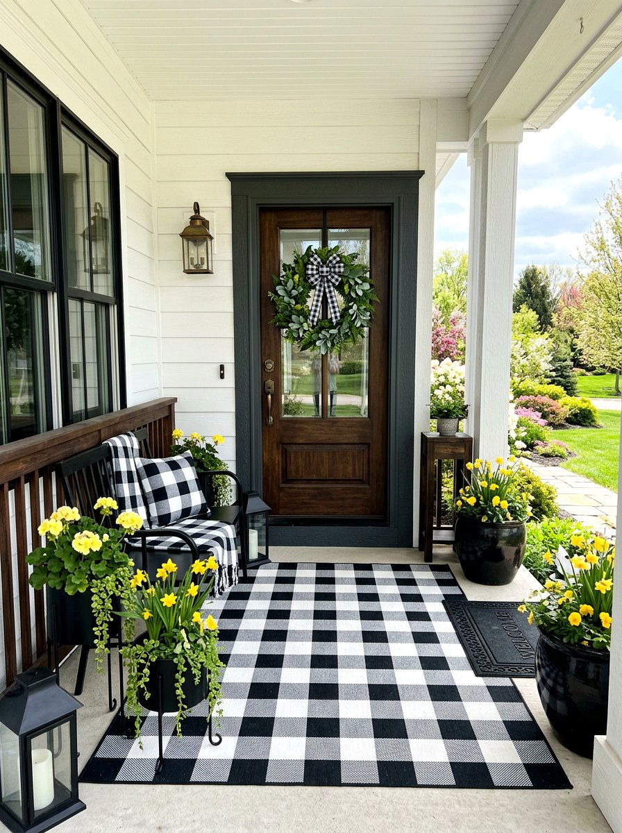 Buffalo Plaid Spring Porch - 25 Spring Front Door Decor Ideas