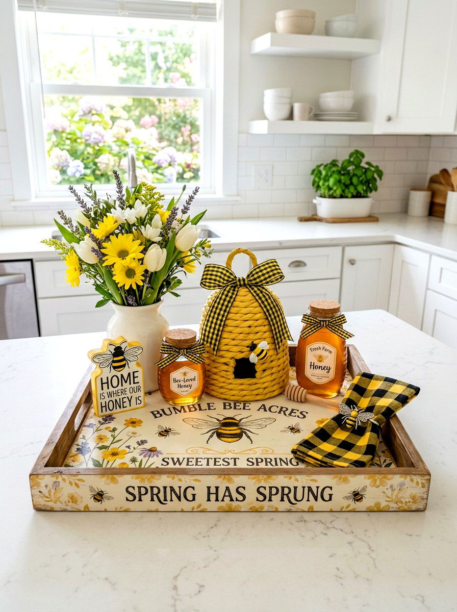 Bumble bee spring kitchen tray - 25 Spring Farmhouse Tiered Tray Ideas