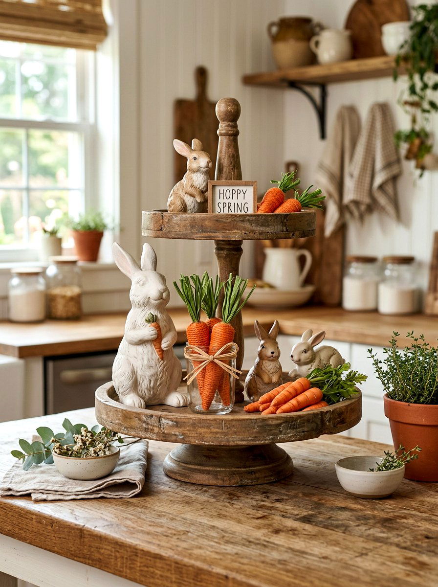 Bunny Figurines And Carrots - 25 Spring Cake Stand Decor Ideas
