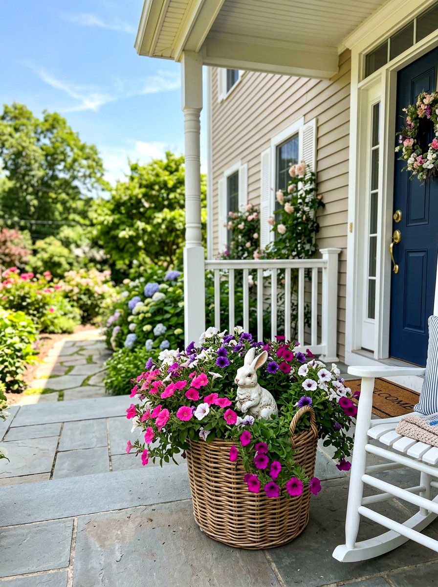 Bunny Floral Basket Porch - 25 Spring Bunny Decor Ideas