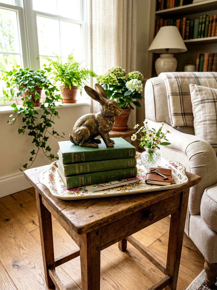 Bunny figurine tray - 25 Spring Vintage Tray Decor Ideas