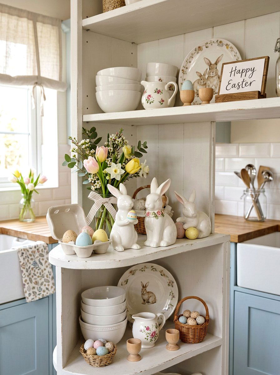 Bunny figurines for easter - 25 Spring Kitchen Shelf Decor Ideas