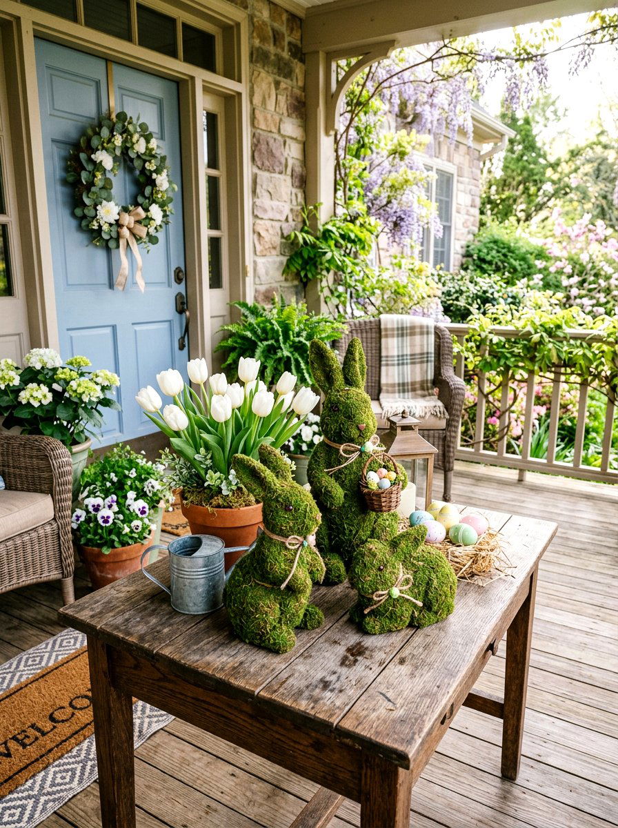 Bunny porch figurines - 25 Spring Porch Table Decor Ideas
