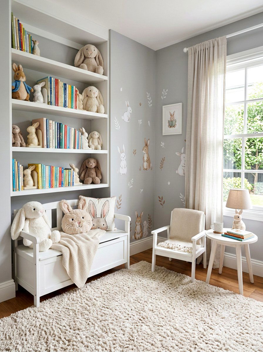 Bunny themed reading nook - 25 Spring Bookshelf Ideas for Kids