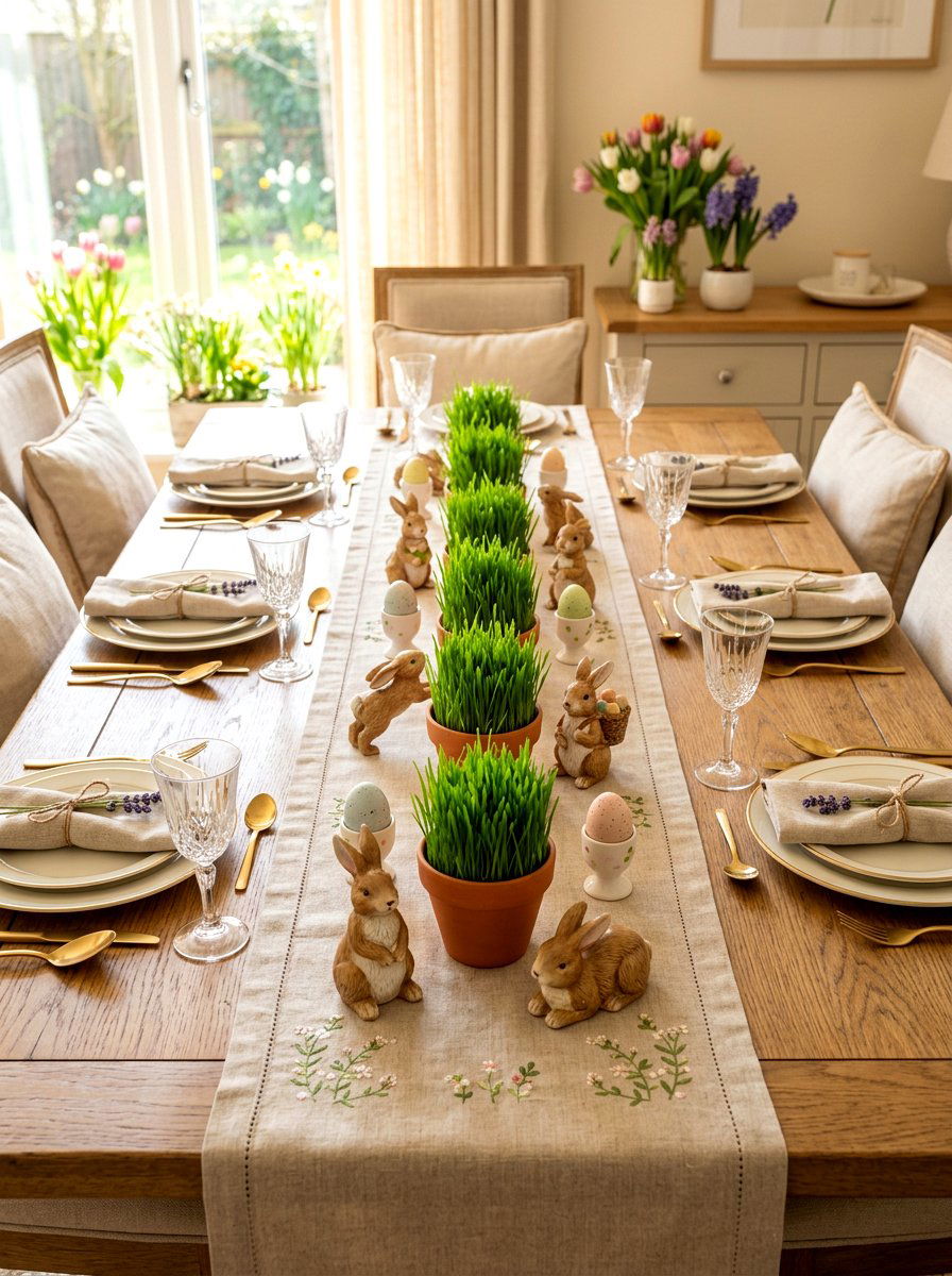 Bunny wheatgrass table runner - 25 Spring Wheatgrass Centerpiece Ideas
