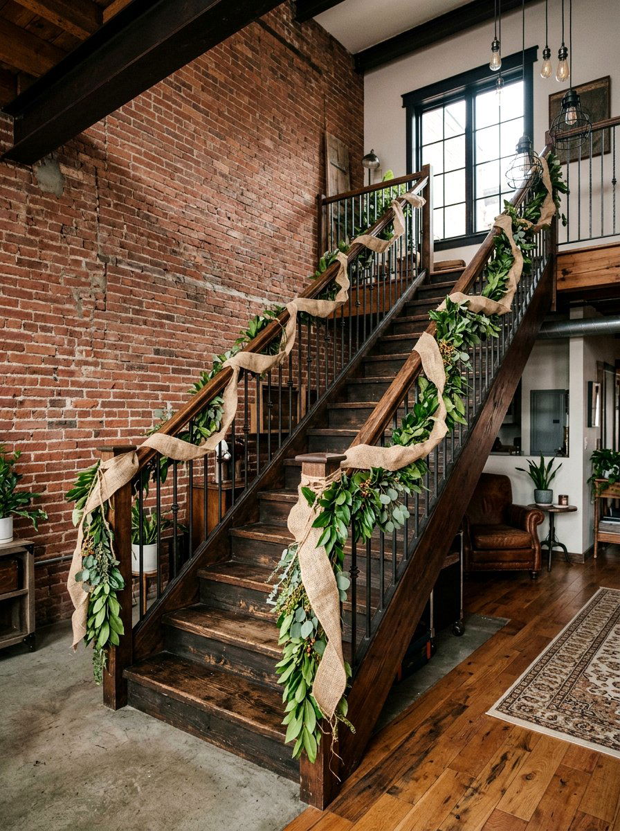 Burlap And Greenery Accent - 25 Spring Banister Garland Ideas