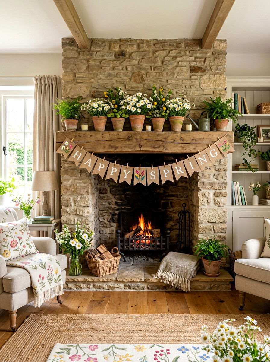 Burlap Banner Decor - 25 Spring Living Room Mantel Ideas