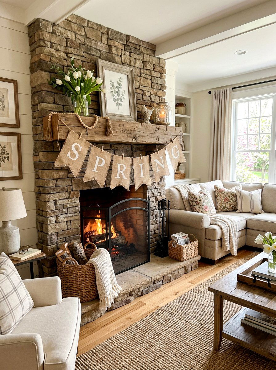 Burlap Banner Mantel Decor - 25 Spring Rustic Mantel Ideas