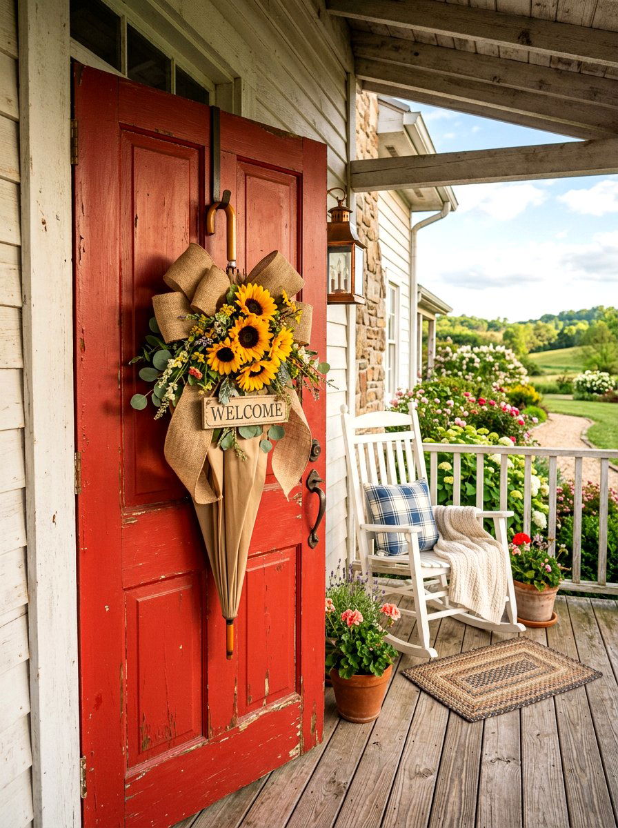 Burlap Bow Umbrella - 25 Spring Umbrella Door Decor Ideas