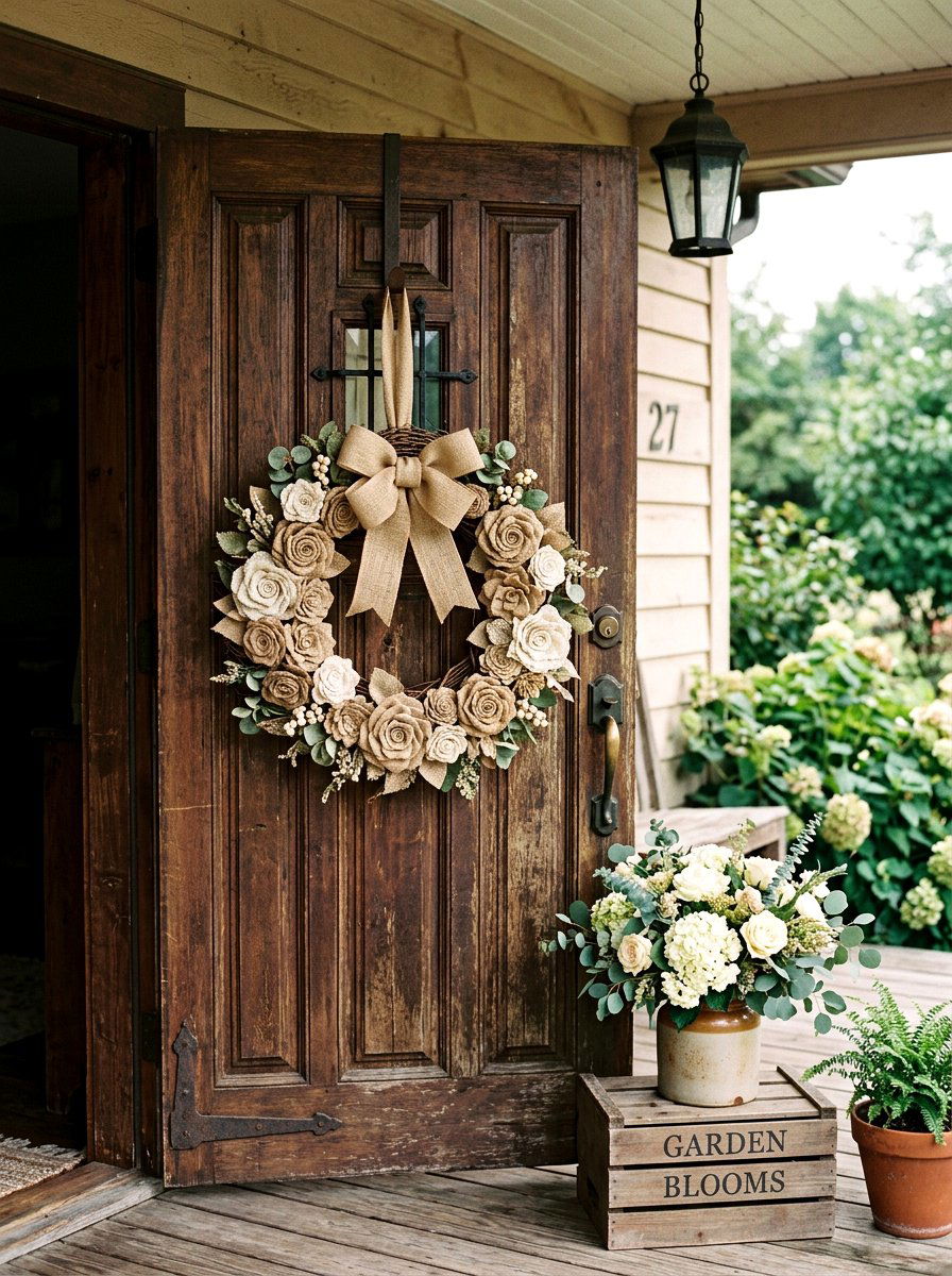 Burlap Flower Door Wreath - 25 Spring Outdoor Wreath Ideas