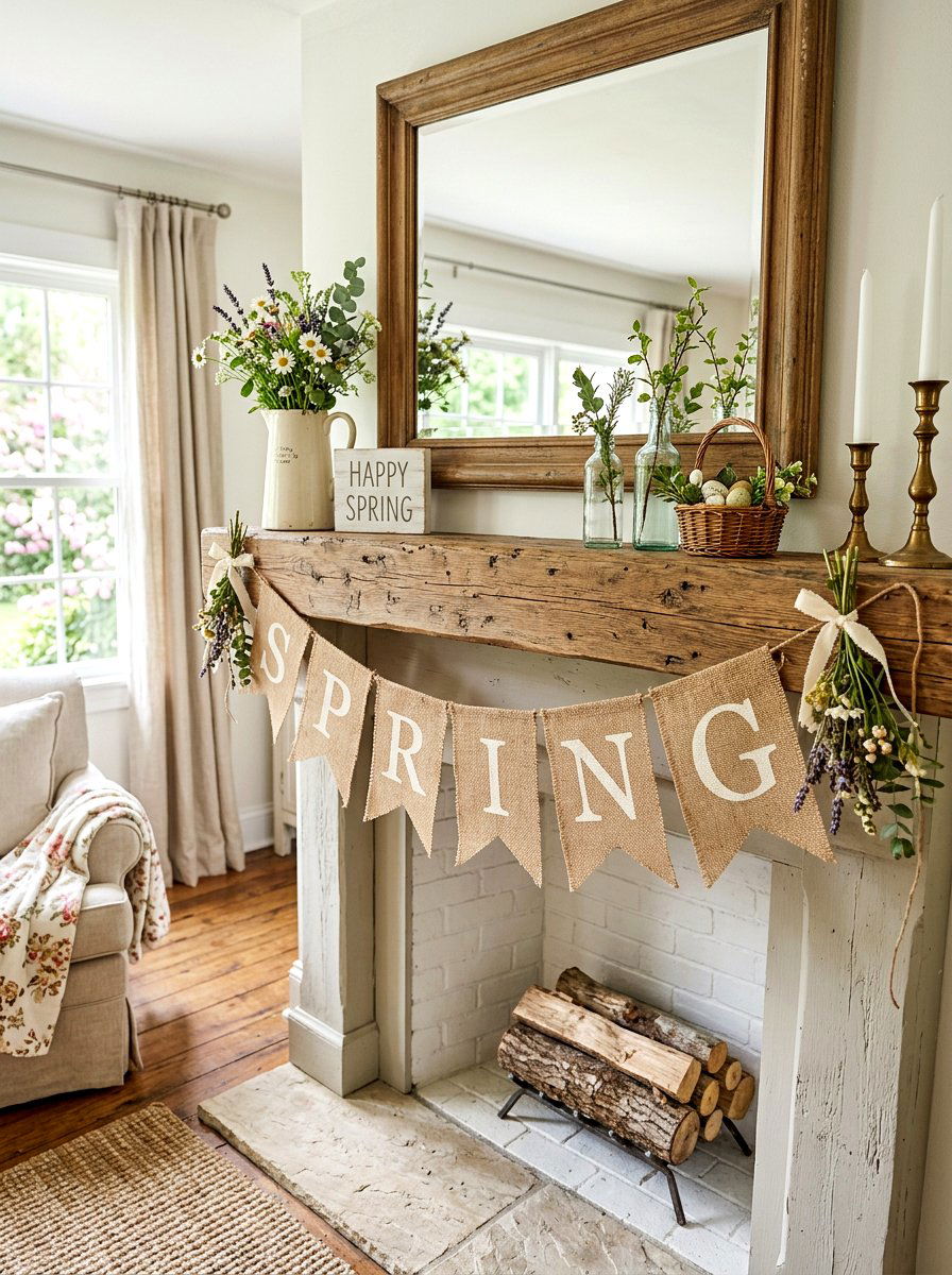 Burlap Mantel Banner - 25 Spring Cottage Mantel Ideas
