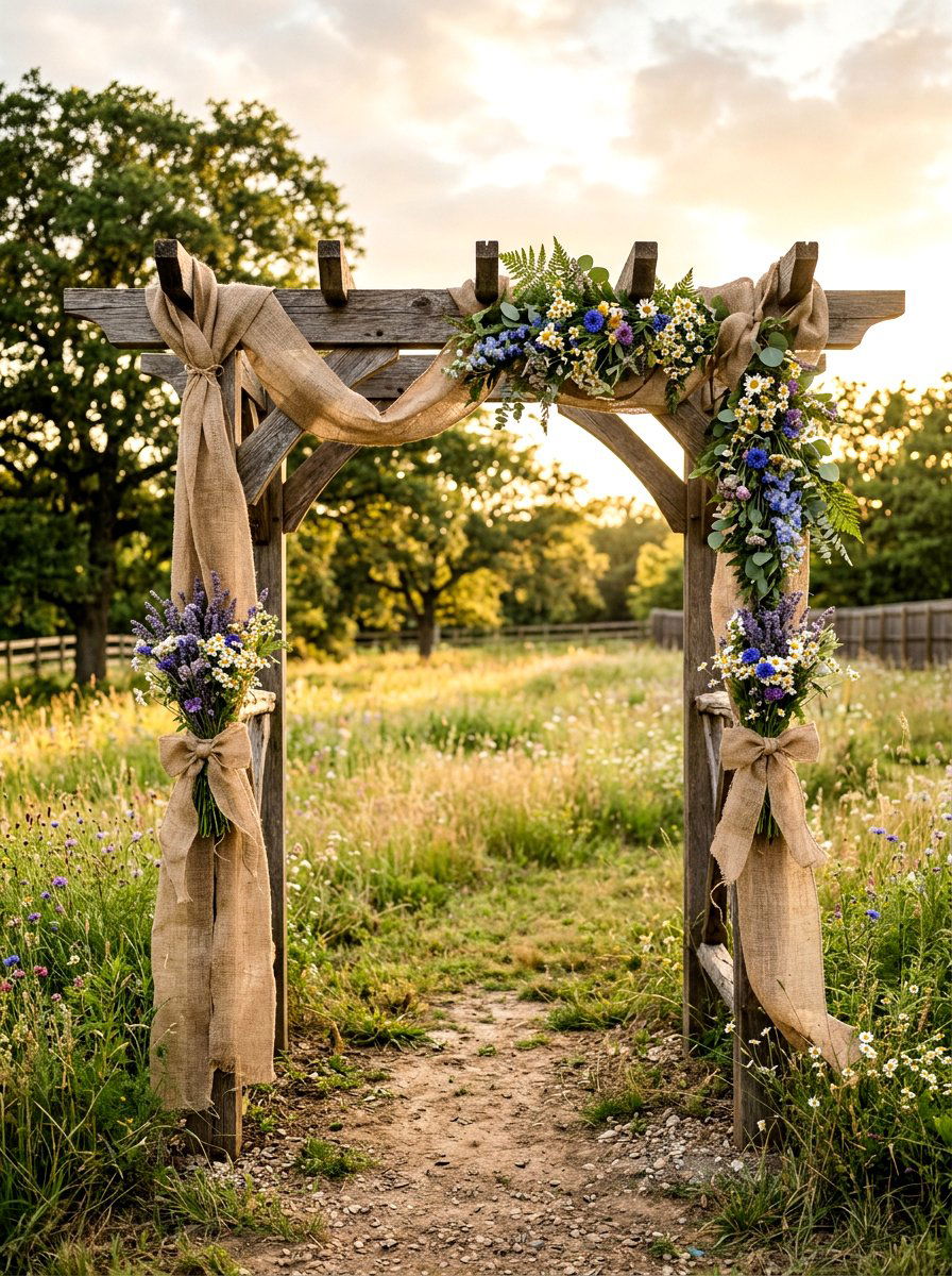 Burlap Ribbon And Wildflower Arbor - 25 Spring Garden Arbor Decor Ideas