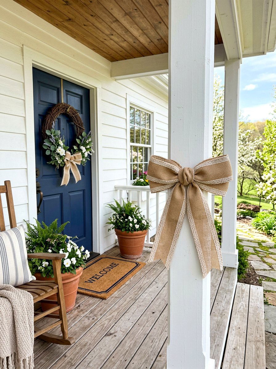 Burlap Ribbon Bow Porch Post - 25 Spring Porch Post Decor Ideas