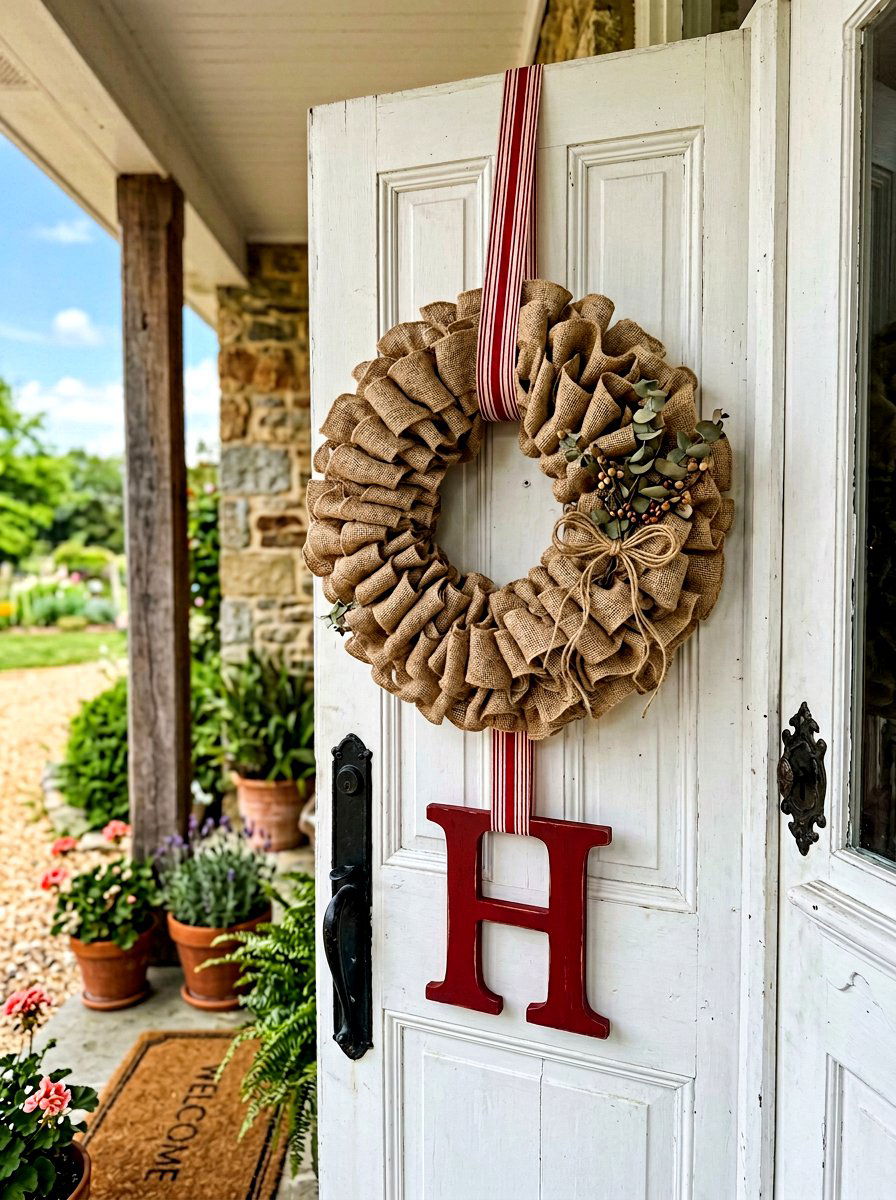 Burlap Ribbon Monogram Wreath - 25 Spring Monogram Wreath Ideas