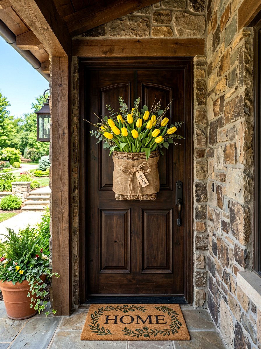 Burlap Wrapped Door Basket - 25 Spring Door Basket Ideas