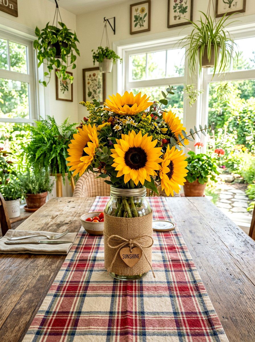 Burlap Wrapped Mason Jar With Sunflowers - 25 Spring Mason Jar Flower Ideas