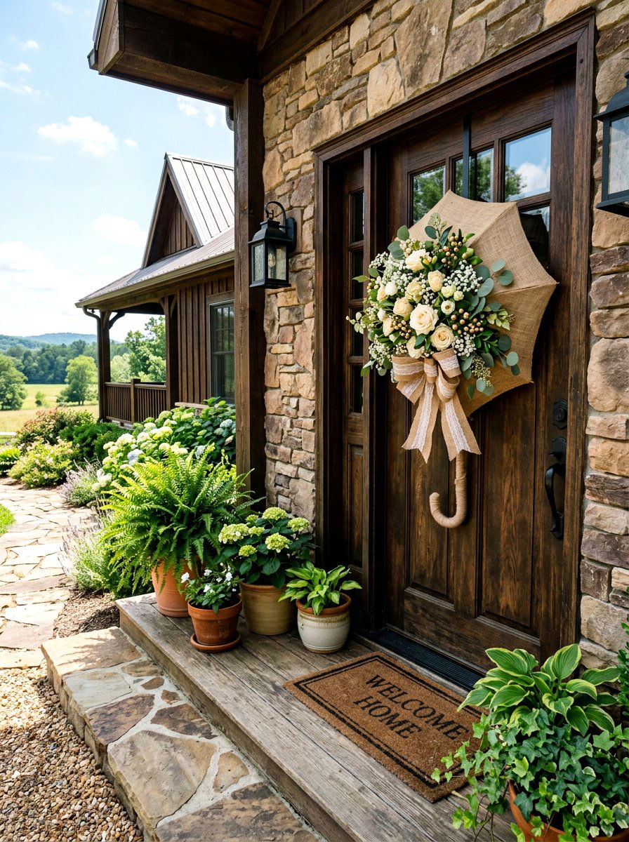 Burlap Wrapped Umbrella Wreath - 25 Spring Umbrella Wreath Ideas