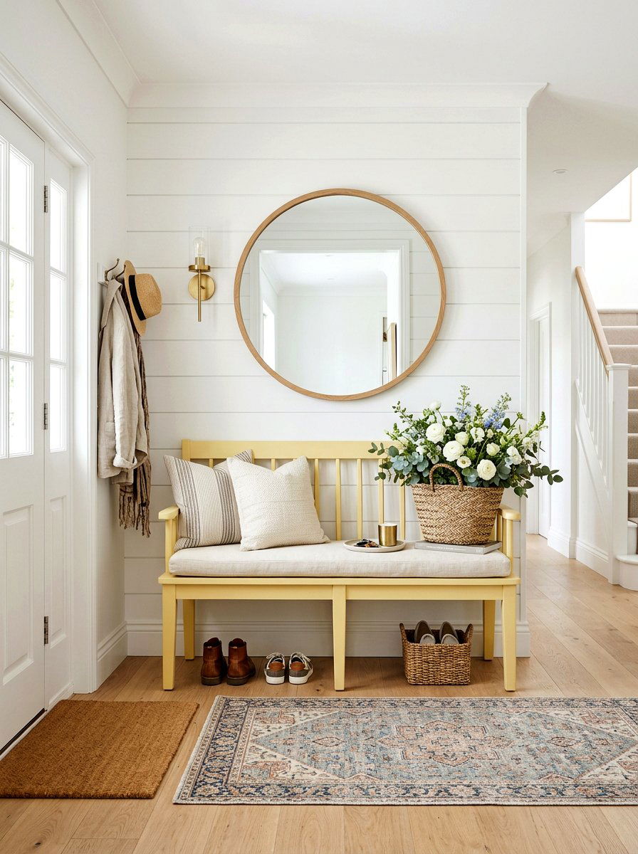 Butter Yellow Entryway Bench - 25 Spring Butter Yellow Decor Ideas