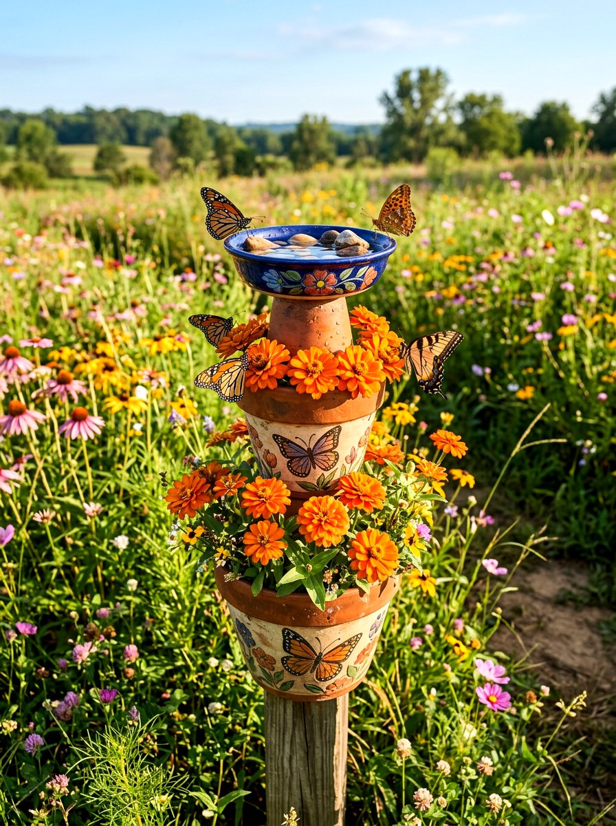 Butterfly Feeder Pot Stack - 25 Spring Clay Pot Stack Ideas