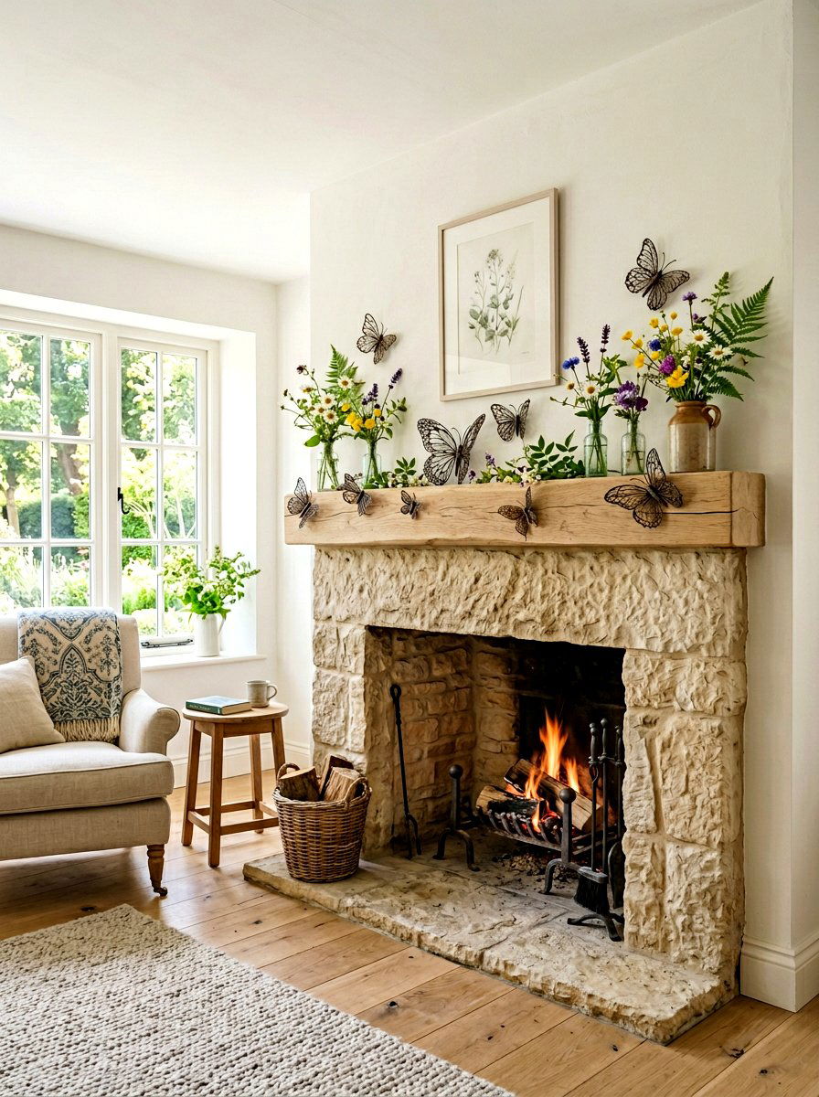 Butterfly Mantel Accents - 25 Spring Stone Fireplace Decor Ideas