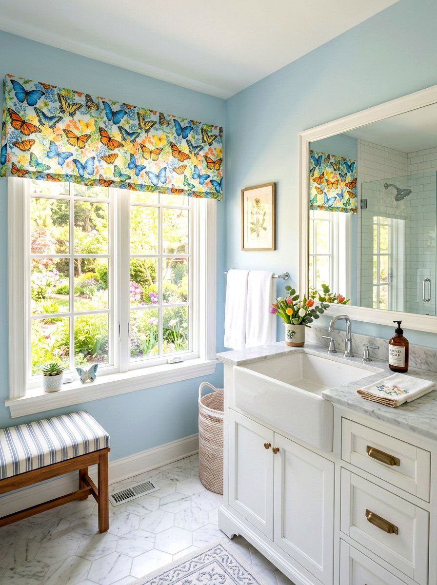 Butterfly Patterned Window Valance - 25 Spring Bathroom Decor Ideas