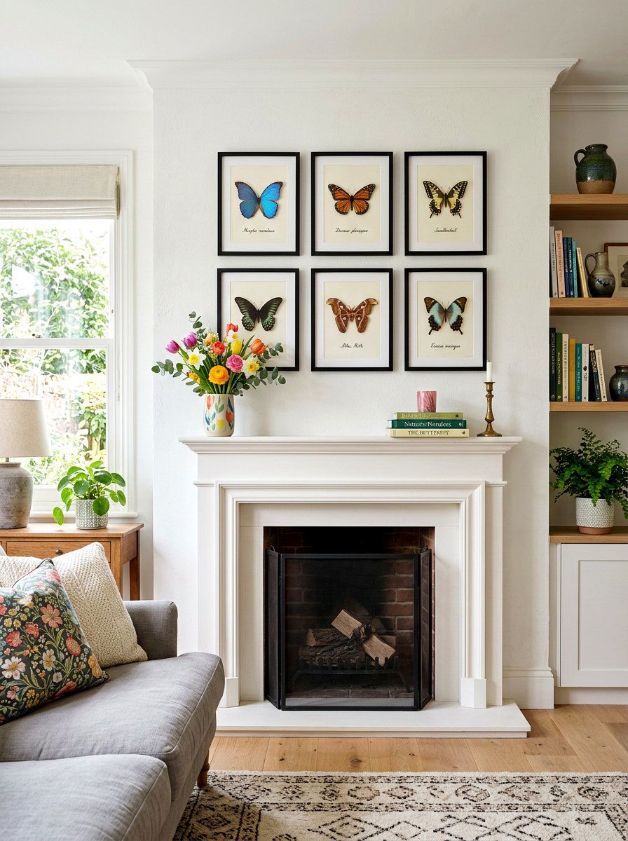 Butterfly Specimen Art - 25 Spring Living Room Mantel Ideas